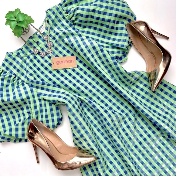 Gorman Stay in Check Mini Dress Puff Sleeve Green Blue Gingham Size 6 NWT - Picture 1 of 13